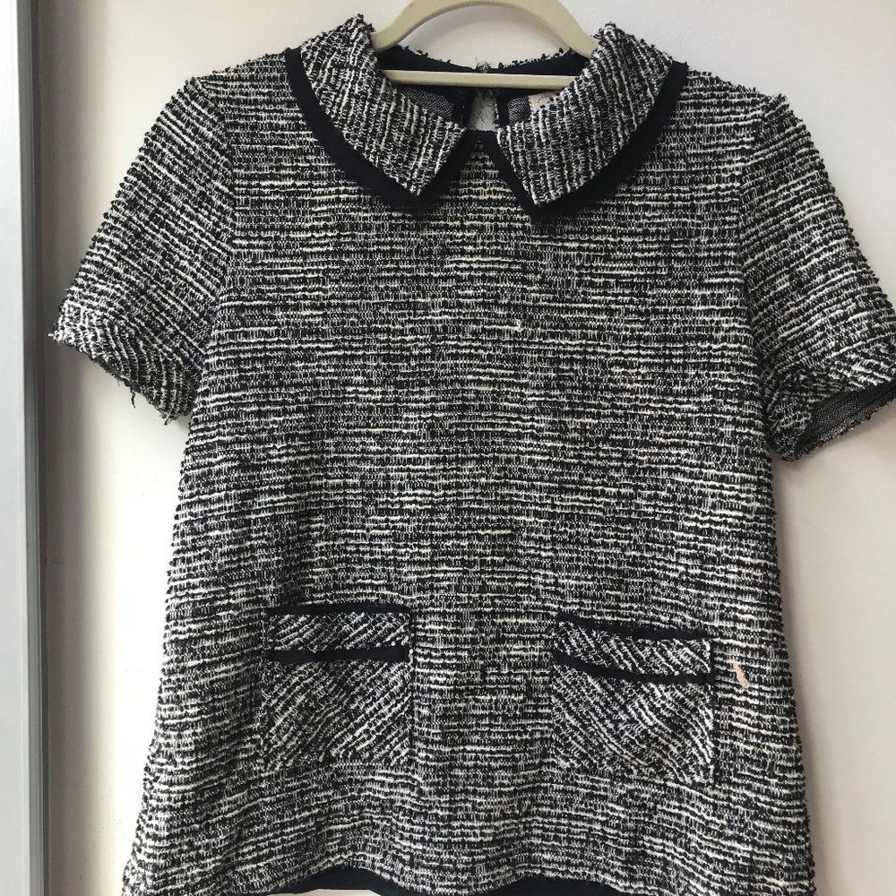 Black and White Tweed Collared Short Sleeve Top